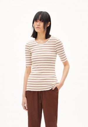 ARMEDANGELS FRAYAA DOUBLE STRIPES Rib T-Shirt made of Organic Cotton Mix Cacao-undyed | ELKN-43589