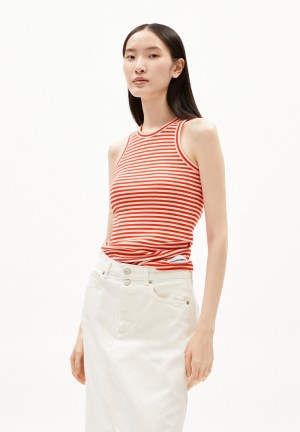 ARMEDANGELS KANITAA STRIPES Rib-Top Slim Fit made of Organic Cotton Mix Poppy Red-oatmilk | YRZH-86415