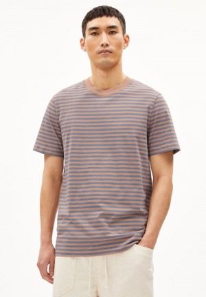 ARMEDANGELS MAARKOS STRIPES T-Shirt Relaxed Fit made of Organic Cotton Cinnamon Dust-blue Stone | BQDO-46837