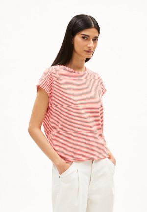 ARMEDANGELS ONELIAA LOVELY STRIPES T-Shirt Loose Fit made of Organic Cotton Poppy Red-oatmilk | RYVU-58427