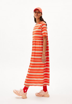 ARMEDANGELS TAAKYRA BLOCK STRIPES Jersey Dress Loose Fit made of Organic Cotton Poppy Red-sandstone | FYAN-34876