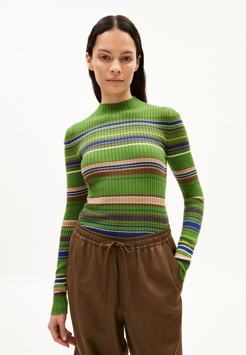 ARMEDANGELS ALAANIA NEW STRIPES Sweater Slim Fit made of Organic Cotton Ivy Green-cinnamon Dust | ZHVL-43829