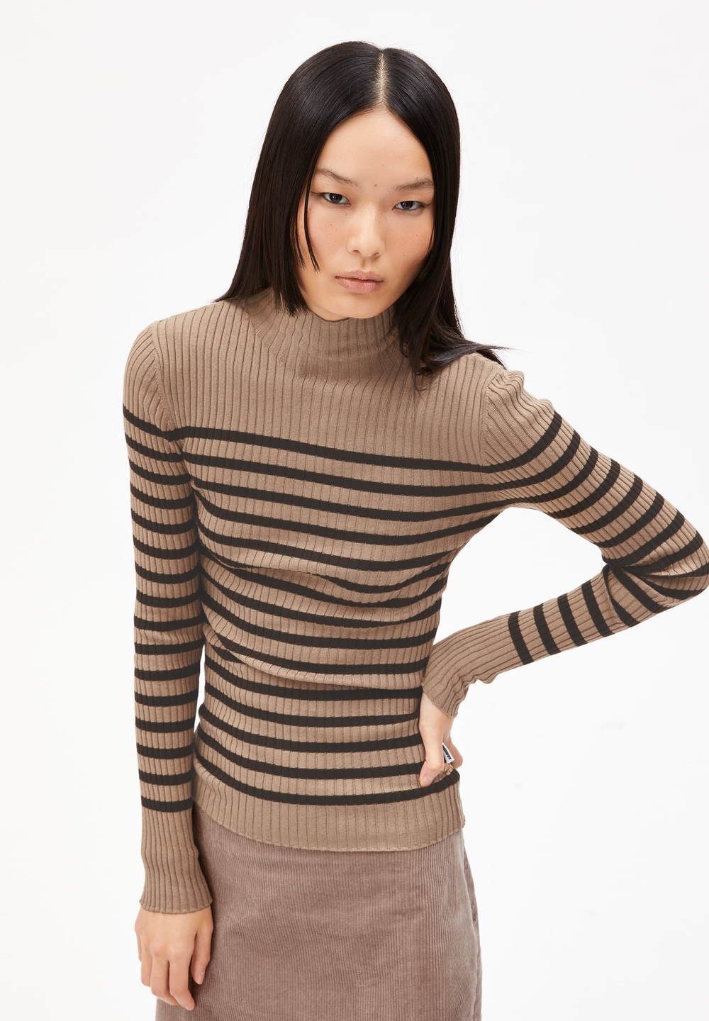 ARMEDANGELS ALAANIA PLACED STRIPES Sweater Slim Fit made of Organic Cotton Cinnamon Dust-coffee | SAQT-07492