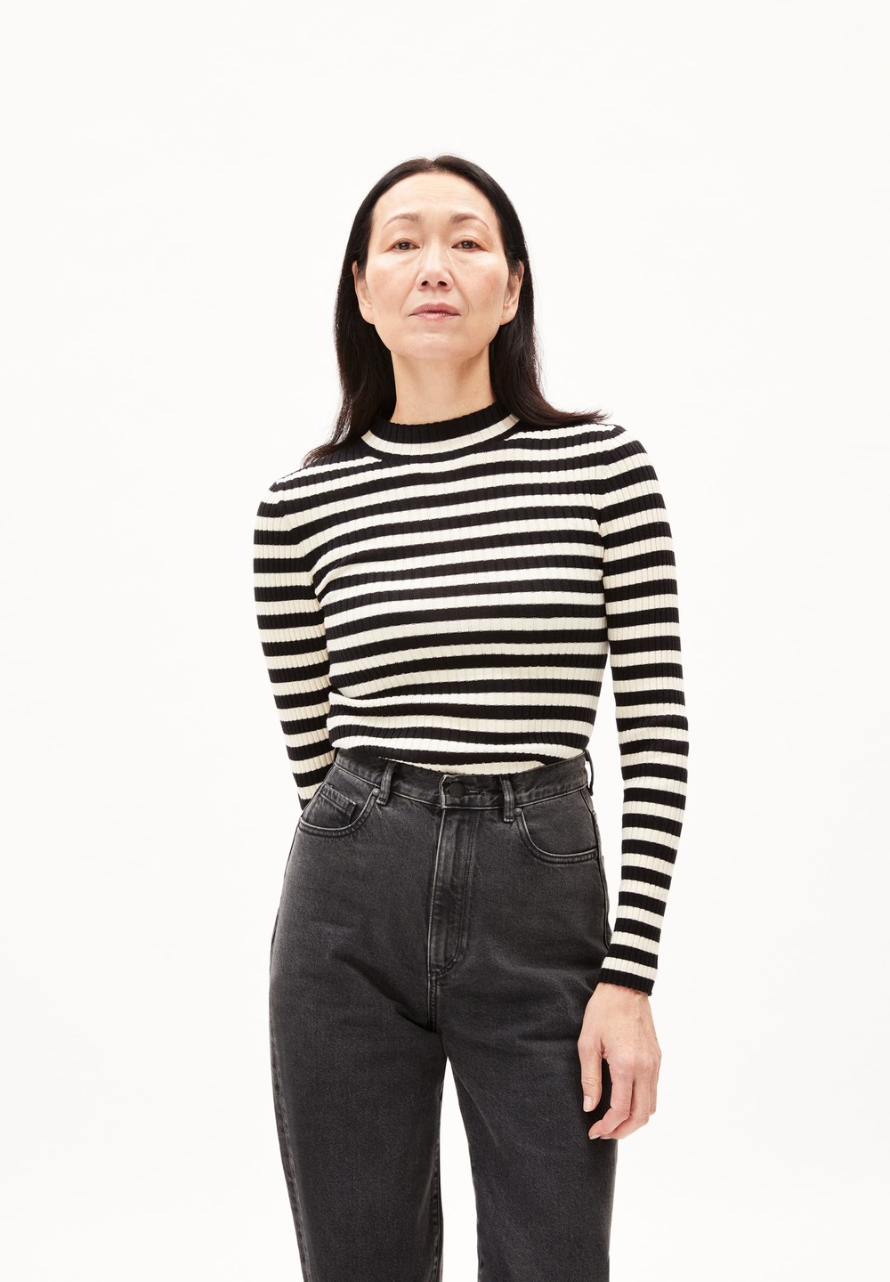 ARMEDANGELS ALAANIA STRIPED Sweater Slim Fit made of Organic Cotton Black-oatmilk | BRSX-48219