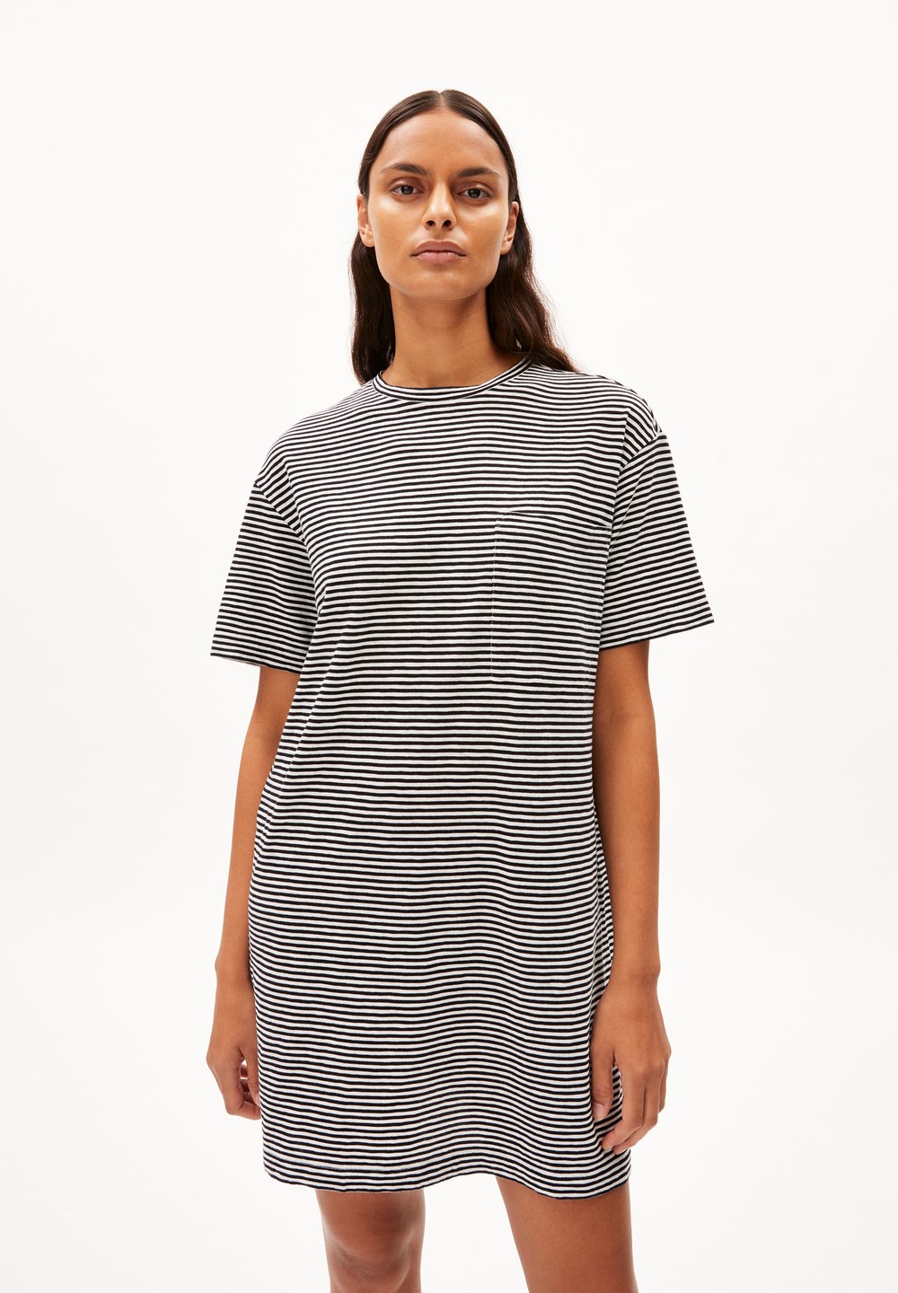 ARMEDANGELS CHAARA LOVELY STRIPES Jersey Dress Relaxed Fit made of Organic Cotton Black-oatmilk | ZOMG-35192