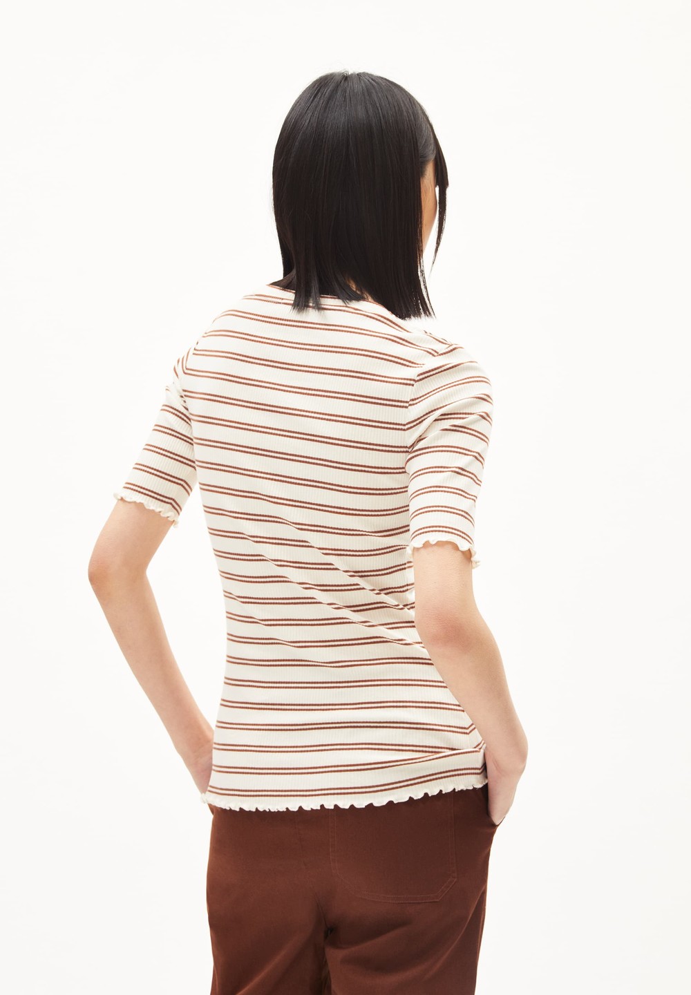 ARMEDANGELS FRAYAA DOUBLE STRIPES Rib T-Shirt made of Organic Cotton Mix Cacao-undyed | ELKN-43589