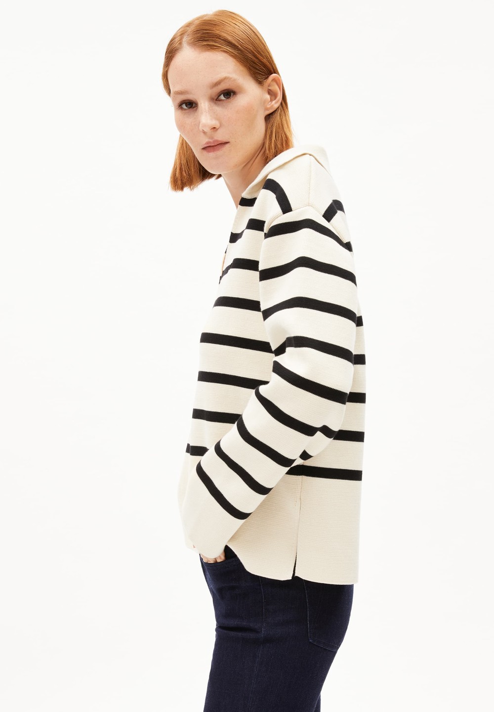 ARMEDANGELS FREJIAAS STRIPES Sweater Oversized Fit made of Organic Cotton Oatmilk-black | UHXP-94173