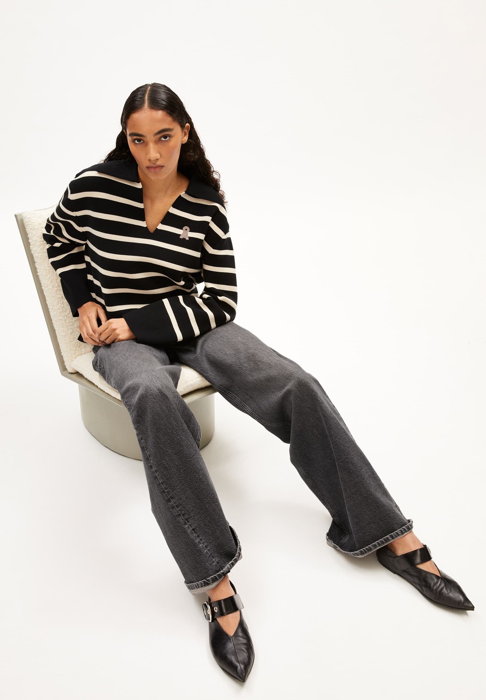 ARMEDANGELS FREJIAAS STRIPES Sweater Oversized Fit made of Organic Cotton Black-oatmilk | LDPB-87236