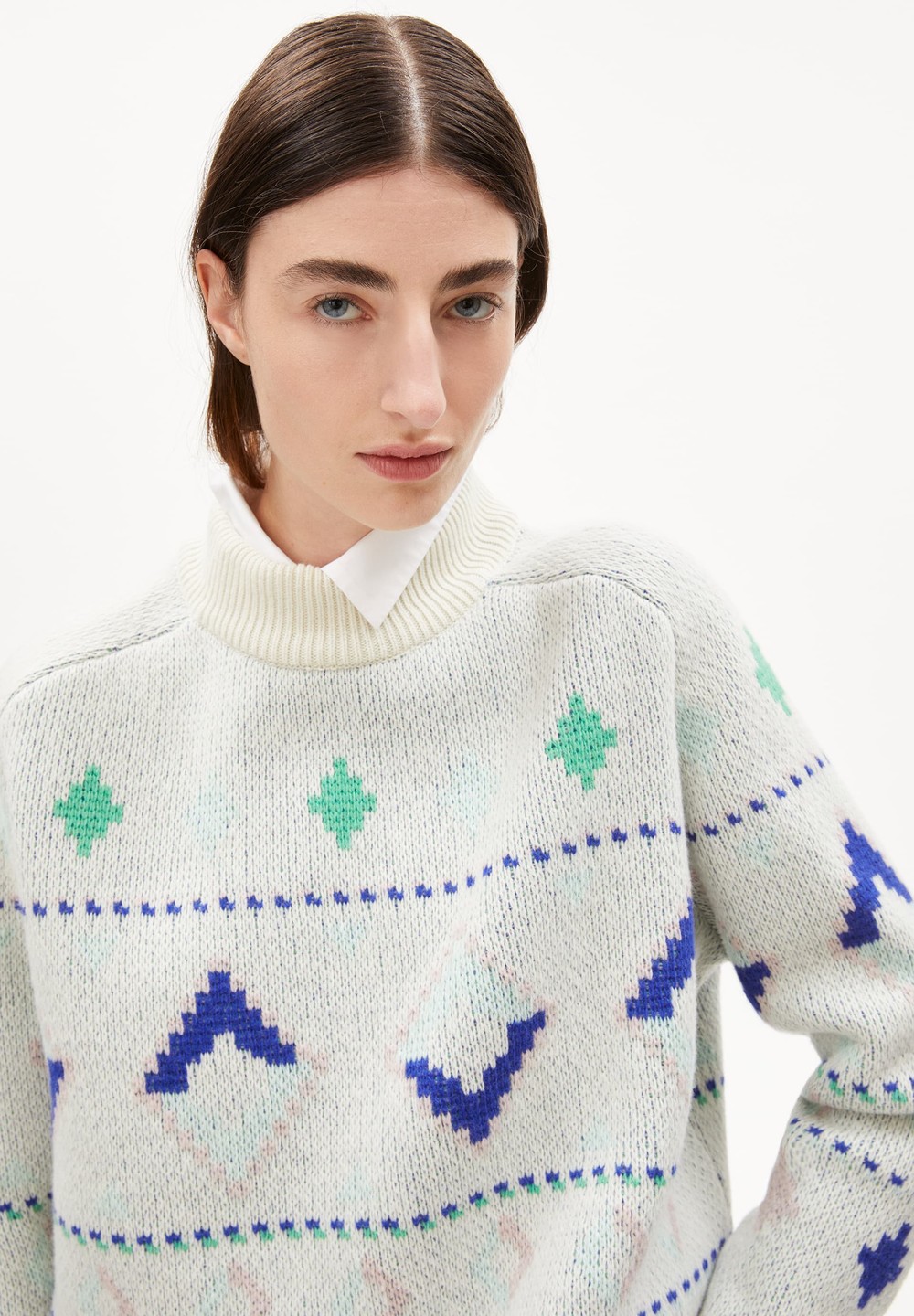 ARMEDANGELS HOLGAA NAIVE FAIRISLE Sweater Loose Fit made of Organic Wool Mix (recycled) Oatmilk-apple Neon | BXKT-40851