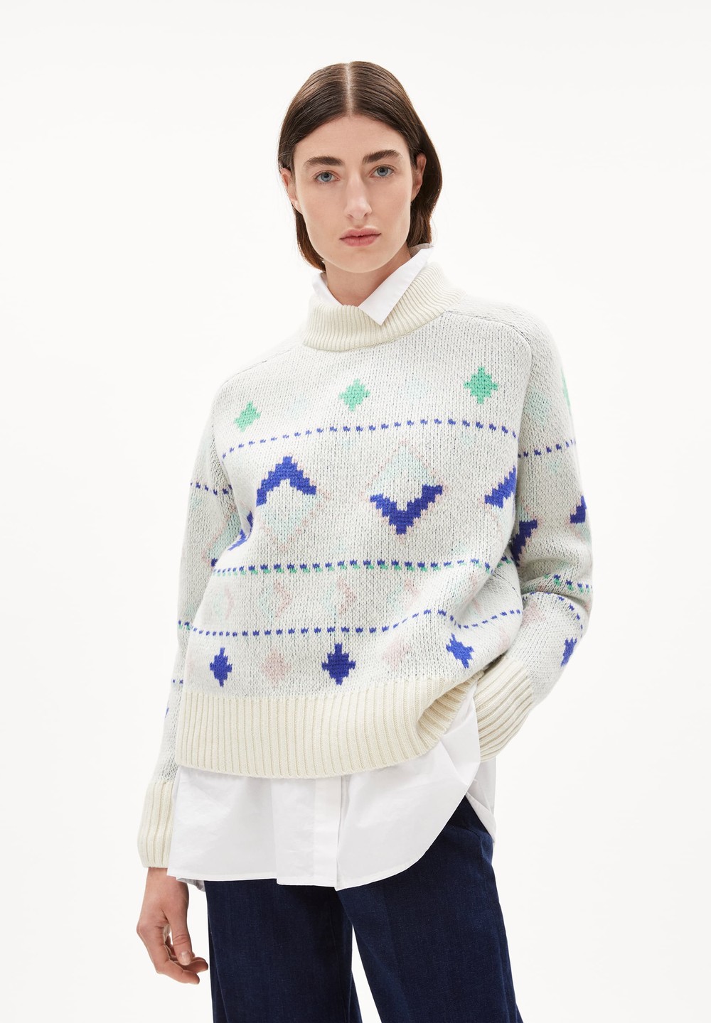 ARMEDANGELS HOLGAA NAIVE FAIRISLE Sweater Loose Fit made of Organic Wool Mix (recycled) Oatmilk-apple Neon | BXKT-40851