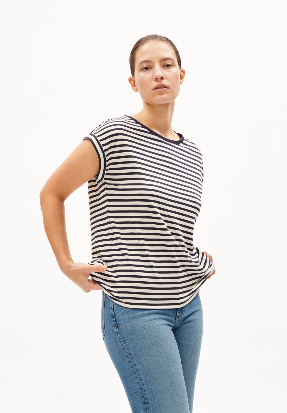 ARMEDANGELS JILAANA STRIPES T-Shirt Loose Fit made of TENCEL™ Lyocell Mix Night Sky-oatmilk | QKFE-36174