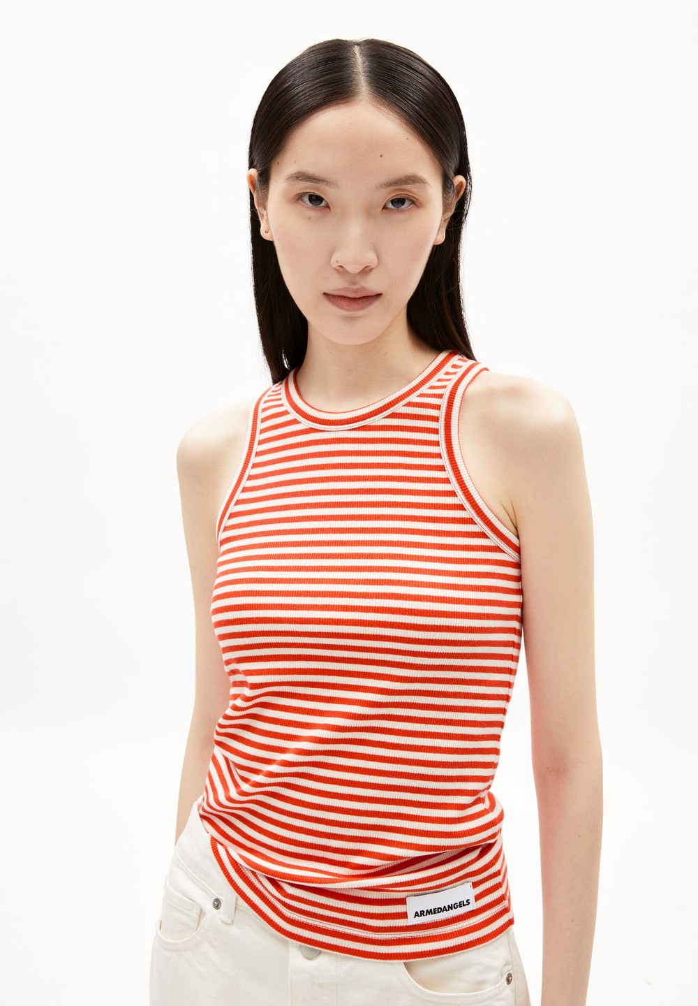 ARMEDANGELS KANITAA STRIPES Rib-Top Slim Fit made of Organic Cotton Mix Poppy Red-oatmilk | YRZH-86415