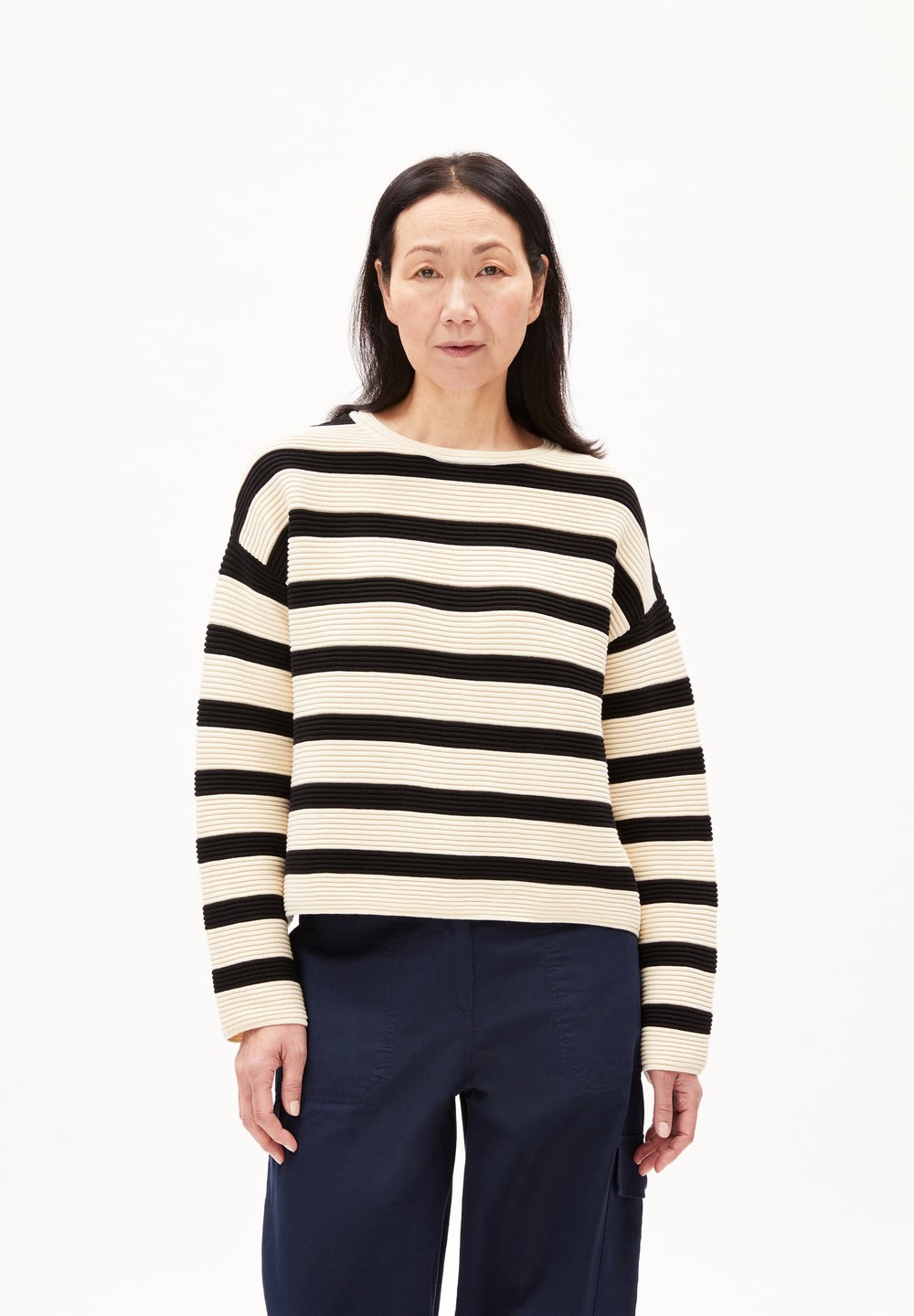 ARMEDANGELS MERINAA STRIPED Sweater Loose Fit made of Organic Cotton Oatmilk-black | OFEL-85361