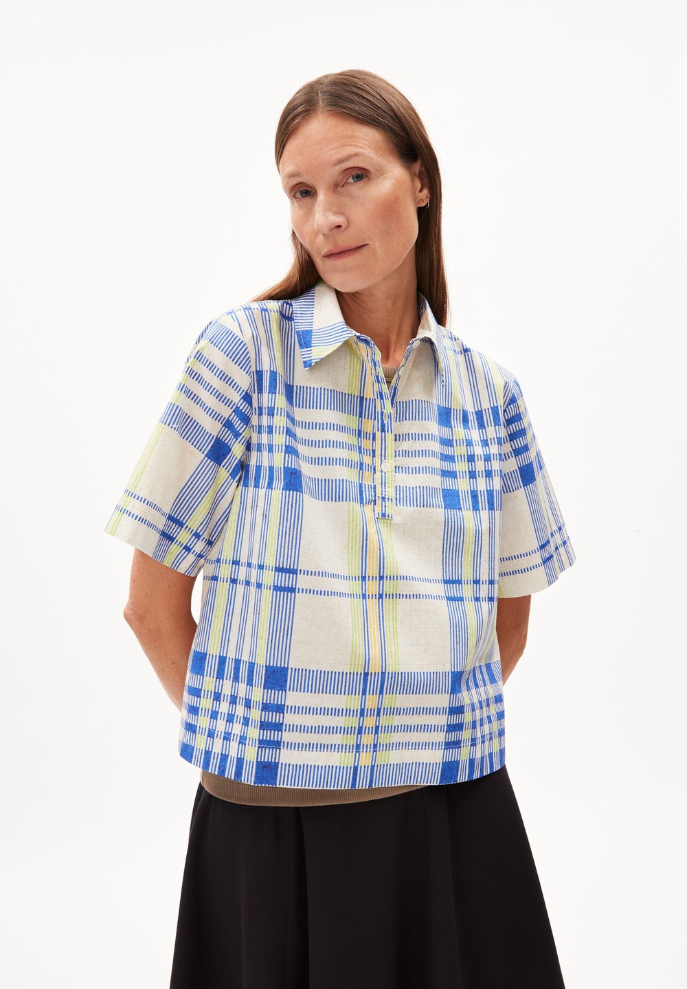 ARMEDANGELS NELINAA COLLEGE CHECK Blouse Relaxed Fit made of Organic Cotton Oatmilk | SEWH-30758