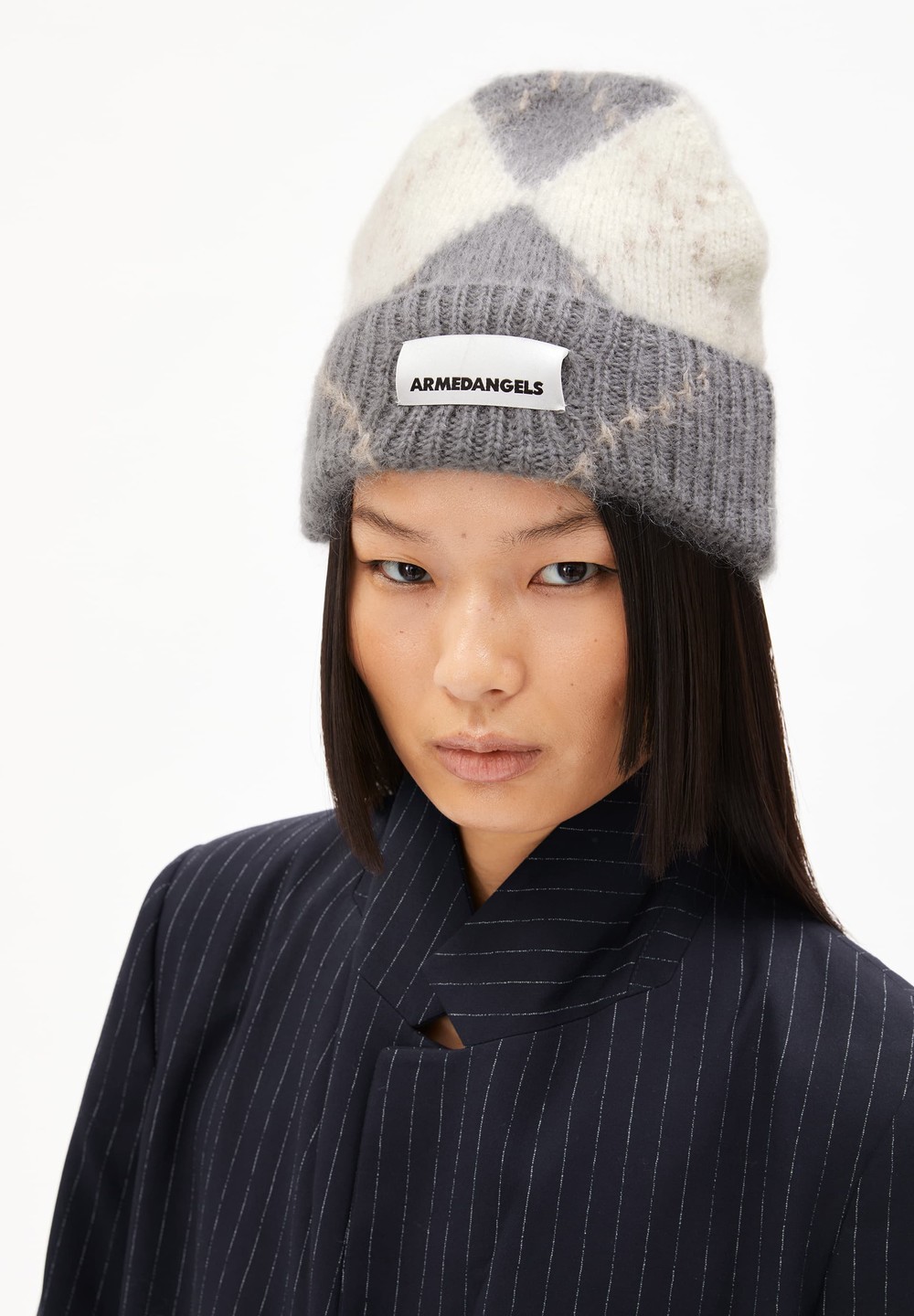 ARMEDANGELS SNOWAA ARGYLE Beanie made of Mohair Wool Mix Iron Cast-oatmilk | XSAV-58164