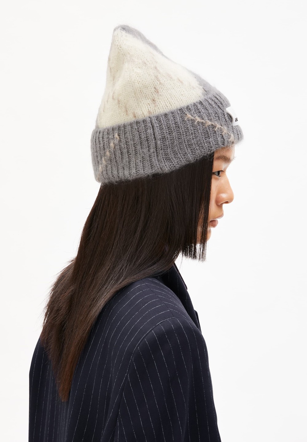 ARMEDANGELS SNOWAA ARGYLE Beanie made of Mohair Wool Mix Iron Cast-oatmilk | XSAV-58164