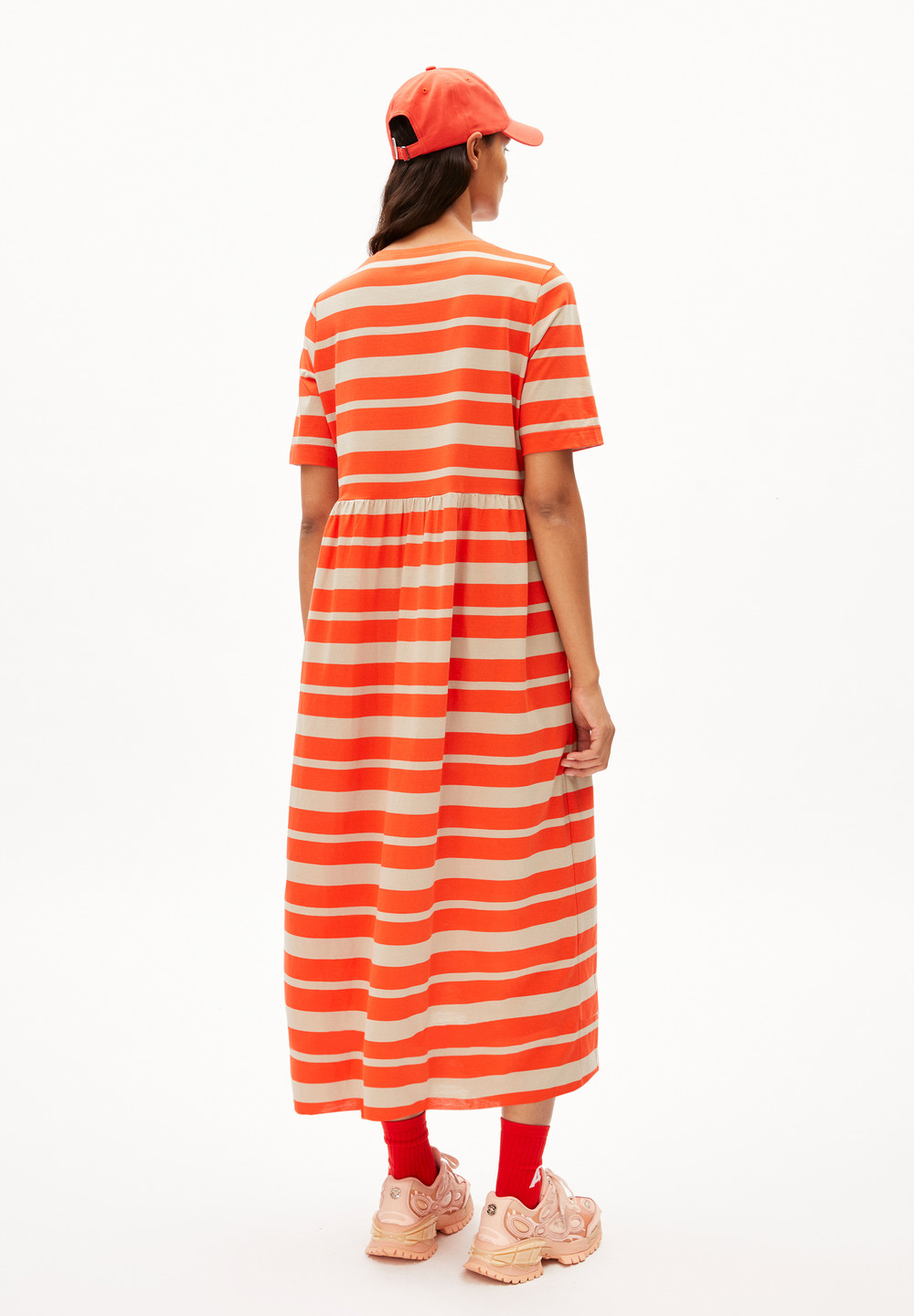 ARMEDANGELS TAAKYRA BLOCK STRIPES Jersey Dress Loose Fit made of Organic Cotton Poppy Red-sandstone | FYAN-34876