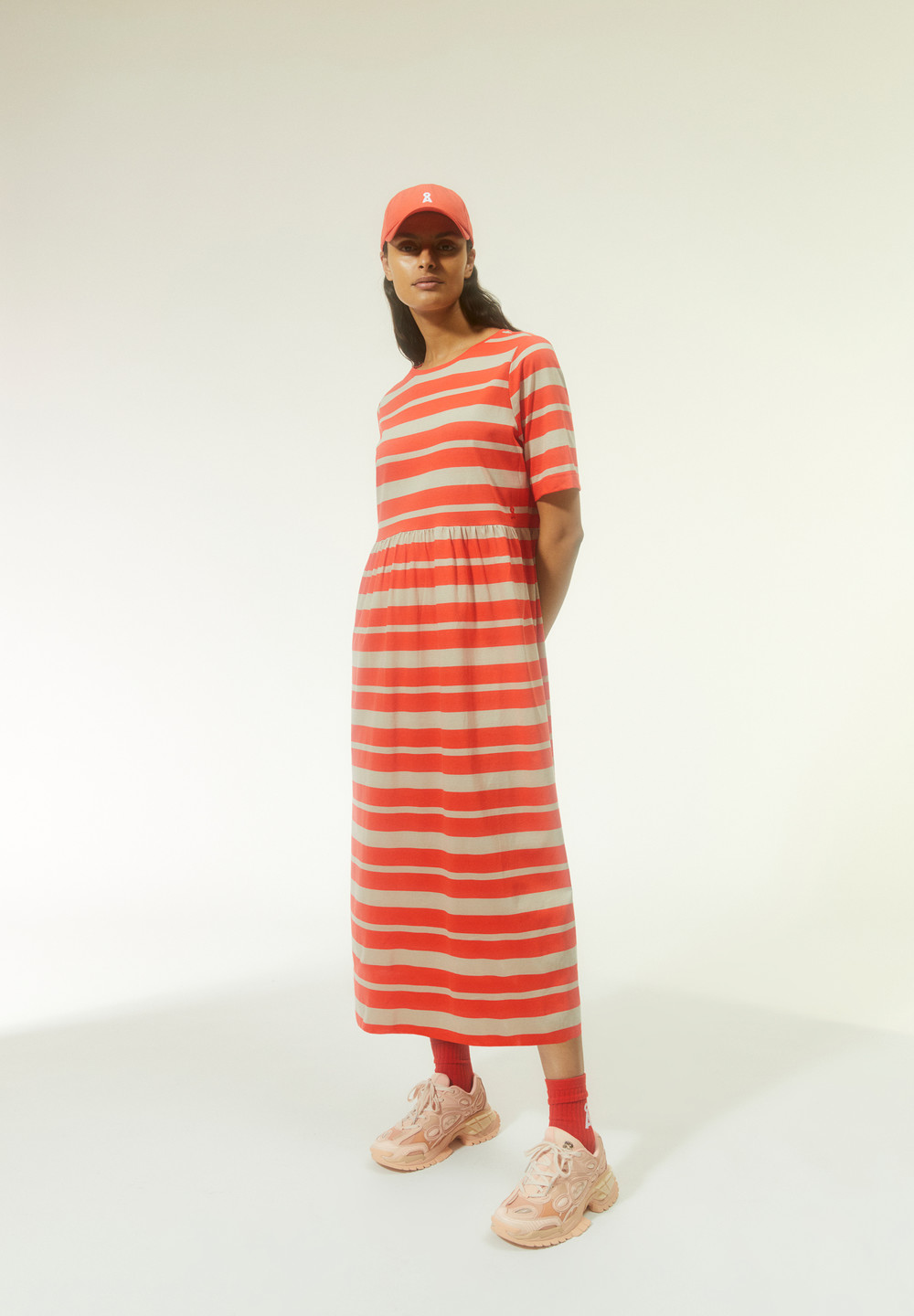 ARMEDANGELS TAAKYRA BLOCK STRIPES Jersey Dress Loose Fit made of Organic Cotton Poppy Red-sandstone | FYAN-34876