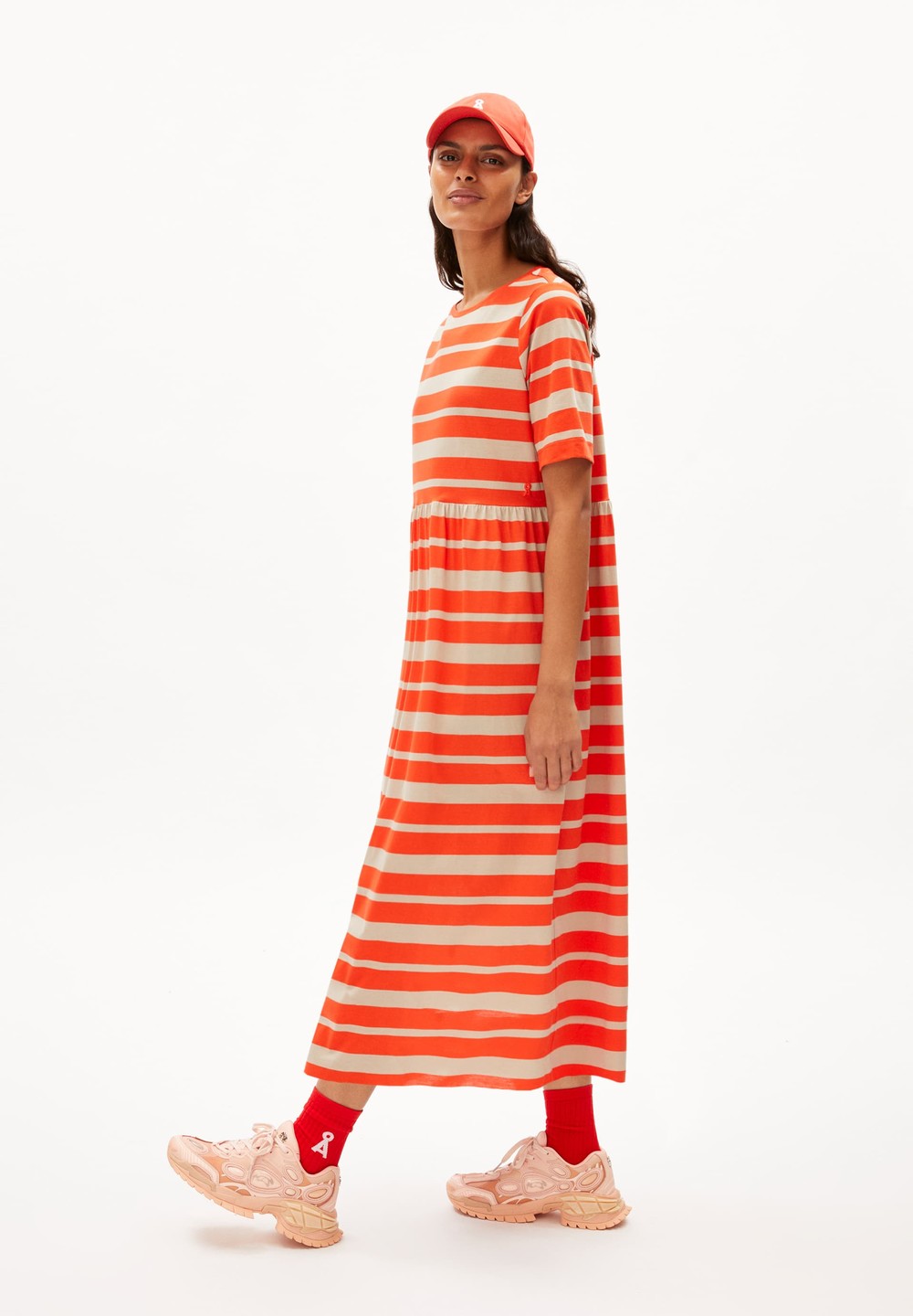 ARMEDANGELS TAAKYRA BLOCK STRIPES Jersey Dress Loose Fit made of Organic Cotton Poppy Red-sandstone | FYAN-34876